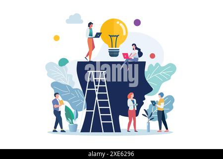 People characters with light bulb of thoughts in the human head. Flat style vector illustration Stock Vector