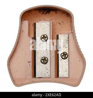 Pink plastic pencil sharpener on isolated background Stock Photo