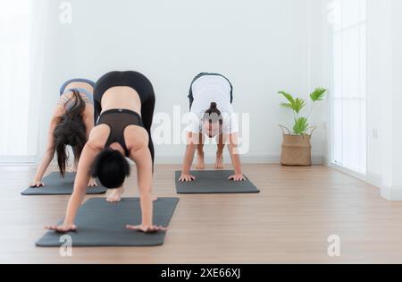 Group of people practicing yoga in a studio. Yoga class concept. Stock Photo