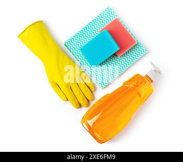 Cleaning products. Sponge, detergent, and cloth for household cleaning. Stock Photo