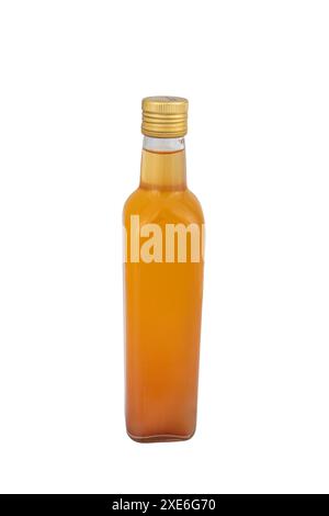 Hawthorn Vinegar. Glass bottle of hawthorn vinegar on white background. Crataegus monogyna fruits. Stock Photo