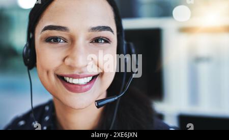 Woman, portrait and happy in call center with headset for customer service, crm and help or consulting. Agent, headphones and communication with Stock Photo