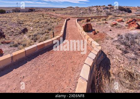 A divide in the trail loop for the Giant Logs trail at Petrified Forest National Park with the Rainbow Forest Museum on upper left, Arizona, United St Stock Photo