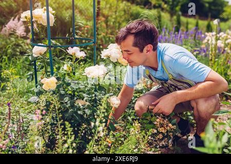 Portrait of young man smelling roses flowers in summer garden. Gardener enjoying fragrance of blooms growing on obelisk after work. Lifestyle Stock Photo