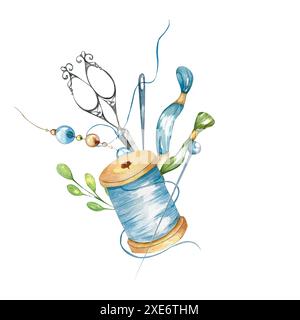 Composition of Sewing Scissors, Multi-Colored Beads,Threads, Needles. Theme: Embroidery, Sewing, Handicrafts. Watercolor illustration. For Website, Bl Stock Photo