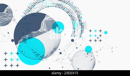 Sphere  theme with connected lines in technology style background. Wireframe illustration. Abstract 3d grid design. Hand drawn. Stock Vector