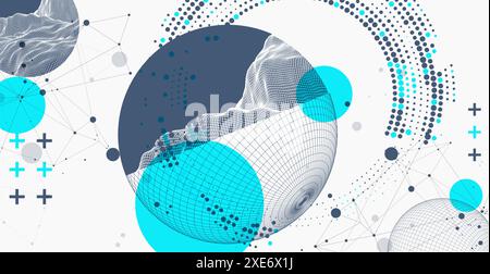 Sphere  theme with connected lines in technology style background. Wireframe illustration. Abstract 3d grid design. Hand drawn. Stock Vector