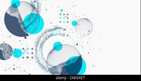 Sphere  theme with connected lines in technology style background. Wireframe illustration. Abstract 3d grid design. Hand drawn. Stock Vector