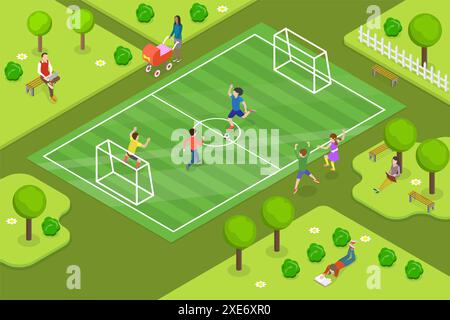 3D Isometric Flat  Conceptual Illustration of Childrens Soccer, Kid Outdoor Activities in Summer 3D Isometric Flat  Conceptual I Stock Photo