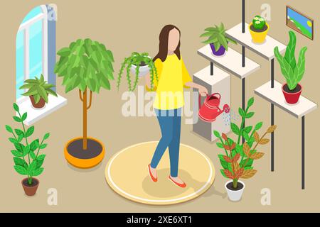 3D Isometric Flat  Conceptual Illustration of Home Garden, Planting Fowers and Growing Houseplants 3D Isometric Flat  Conceptual Stock Photo