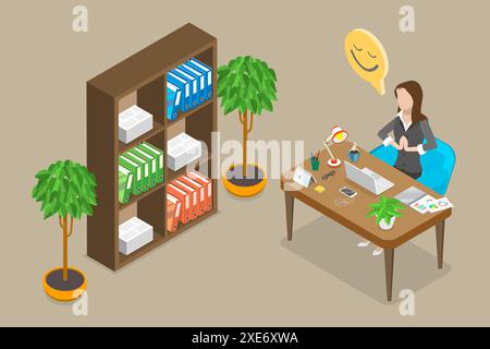 3D Isometric Flat  Conceptual Illustration of Desk Yoga, Meditating to Concentrate at Office 3D Isometric Flat  Conceptual Illus Stock Photo