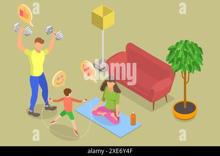 3D Isometric Flat  Conceptual Illustration of Family Fitness as Home, Happy Sports Activities 3D Isometric Flat  Conceptual Illu Stock Photo