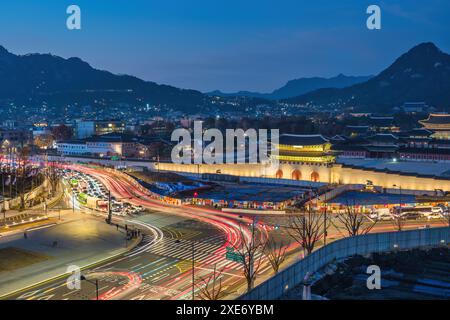 Seoul South Korea, night city skyline at Gwanghwamun Square and Gyeongbokgung Palace Stock Photo