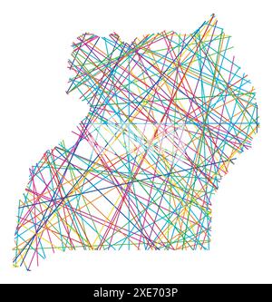 Abstract map of Uganda showing the country with random crossing colored lines like a spider web Stock Vector