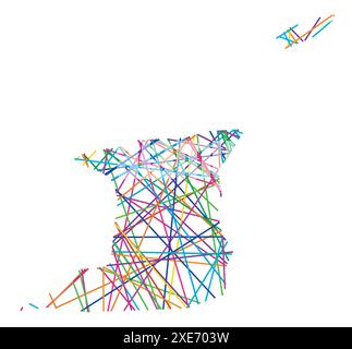 Abstract map of Trinidad and Tobago showing the country with random crossing colored lines like a spider web Stock Vector