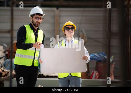 Engineer and architect working on the construction site, double-checking plans and process. Stock Photo