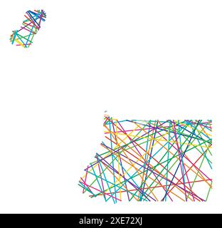 Abstract map of Equatorial Guinea showing the country with random crossing colored lines like a spider web Stock Vector