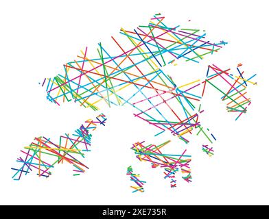 Abstract map of Hong Kong showing the country with random crossing colored lines like a spider web Stock Vector