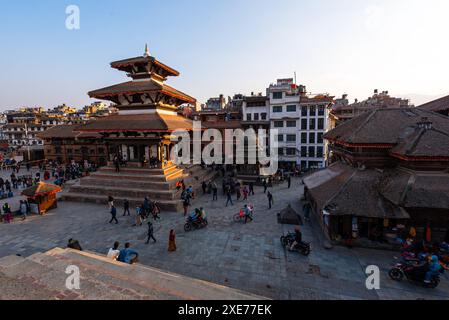 View over the beautiful historic core of Kathmandu with the wooden pagoda roof of Trailokya Mohan Narayan Temple, Durbar Square, Kathmandu, Nepal Stock Photo