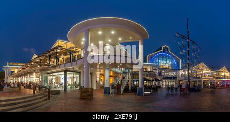 View of restaurants in the Waterfront at dusk, Cape Town, Western Cape, South Africa, Africa Stock Photo