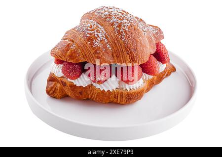 Strawberry and fresh cream croissant on plate Stock Photo