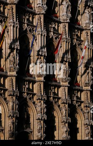 Facade of the Stadhuis or Town Hall, built between 1439 and 1469, in the Grote Markt or Market Square at Leuven in Flemish Brabant, Flanders, Belgium.  The Stadhuis is a masterpiece of richly-carved Brabantine, Late or Flamboyant Gothic architecture. The statues of human figures were added in the 19th century. However, the elaborate carved canopies and bases (corbels) of the niches in which the statues stand are part of the Stadhuis’s original 1400s design. Stock Photo