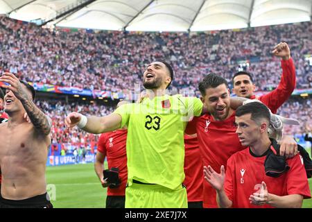 HAMBURG, GERMANY - JUNE 19: Thomas Strakosha, Taulant Seferi, Enea Mihaj of Albania celebrate during the UEFA EURO 2024 group stage match between Croa Stock Photo