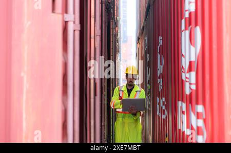 Workers in the import and export industries inspect the cargo of containers while holding a laptop and standing between them. Stock Photo