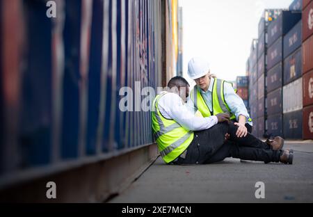 A guy worker was involved in a leg accident in a container storage yard. A colleague was using the walkie talkie to request imme Stock Photo