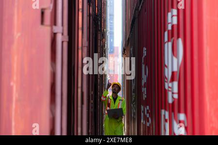 Workers in the import and export industries inspect the cargo of containers while holding a laptop and standing between them. Stock Photo