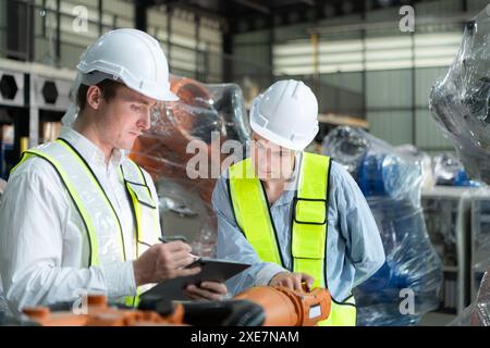 Both of engineers working together in a robotic arm factory, Robotic arm industry and engineering concept. Stock Photo