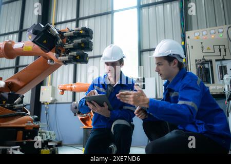 Engineer and technician working with robot arm in factory. Industry and engineering concept. Stock Photo