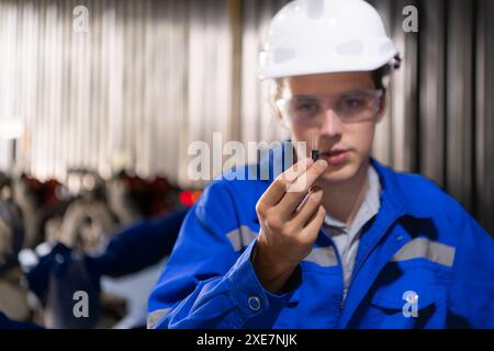 Engineers and technicians working together in a robotic arm factory. Check the electronic spare parts and electrical system of t Stock Photo