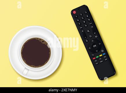 TV remote control and coffee cup top view isolated on yellow background. Vector illustration. Stock Vector