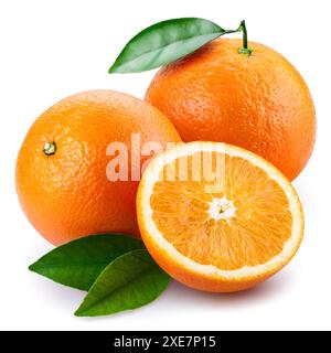 Ripe oranges with leaves isolated on white background. Clipping Path Stock Photo
