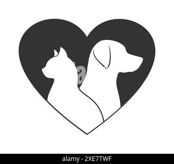 Side silhouettes of a cat and a dog inside a heart, isolated on a white background. Vector illustration Stock Vector