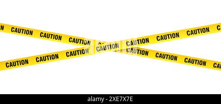 Yellow and black striped caution tape crossing isolated white background Stock Photo