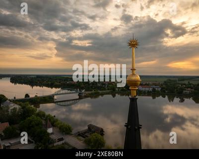 aerial view about the Rackeve city and city brdige included the churches, small Danube river and an island. Stock Photo