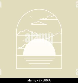 Abstract aesthetic sea sunset landscape logo. Sunrise minimalistic sketch 2d decor Stock Vector