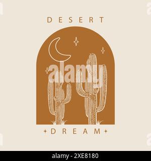 Minimalistic logo design with cactus illustration. Modern aesthetic art, desert dream flat badge Stock Vector