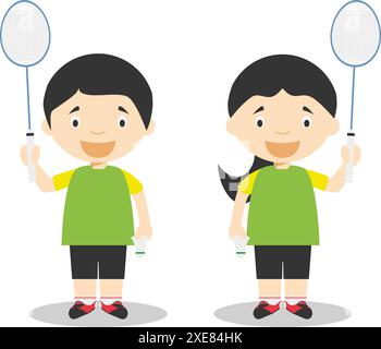 Sports vector illustrations: Badminton male and female cartoon characters Stock Vector