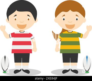 Sports vector illustrations: Rugby male and female cartoon characters Stock Vector