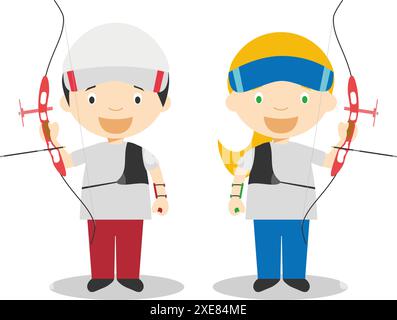 Sports vector illustrations: Archery male and female cartoon characters Stock Vector