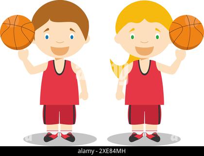 Sports vector illustrations: Basketball male and female cartoon characters Stock Vector