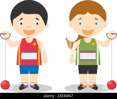 Sports vector illustrations: Hammer Throw male and female cartoon characters Stock Vector