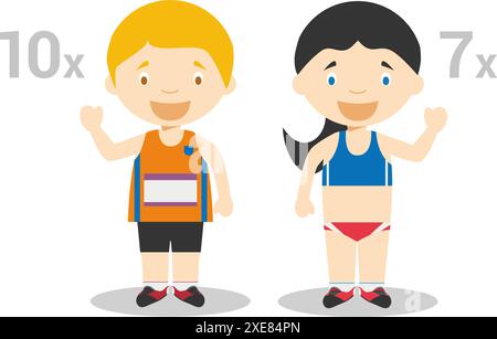 Sports vector illustrations: Decathlon and Heptathlon male and female cartoon characters Stock Vector