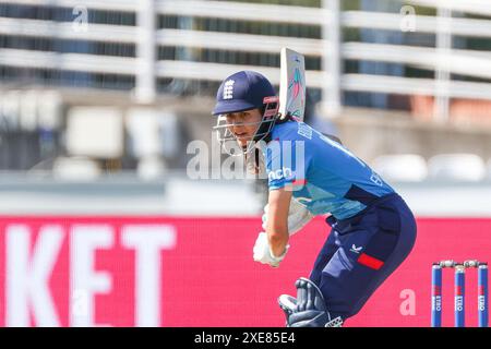 Chester Le Street, UK. 26th June, 2024. Maia Bouchier of of England during the Metro Bank Womens ODI match between England Women and New Zealand Women at Seat Unique Riverside, Chester-Le-Street, UK on 26 June 2024. Photo by Stuart Leggett. Editorial use only, license required for commercial use. No use in betting, games or a single club/league/player publications. Credit: UK Sports Pics Ltd/Alamy Live News Stock Photo