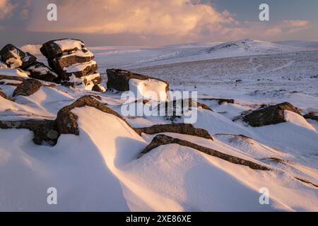 Winter snow at Rowtor in Dartmoor National Park, Devon, England. Winter (February) 2019. Stock Photo