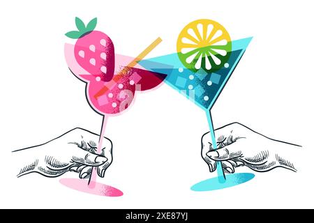People drink summer cocktails. Vector hand drawn sketch illustration of hands holding alcoholic, non-alcoholic drinks. Party celebrating holiday, even Stock Vector