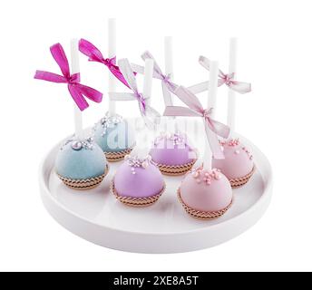 Wedding cake pops on plate isolated Stock Photo